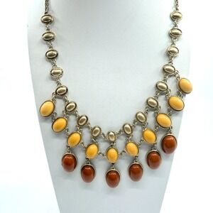Vintage Amber & Yellow Cabochon Gold Tone Layered Bib Necklace